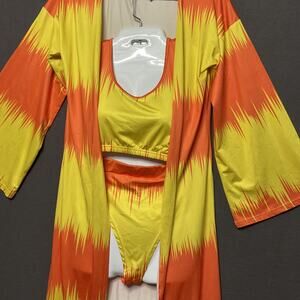 Women's 3Pc Swimsuit XL Yellow Orange Tie Dye Bikini Criss Cross Coverup